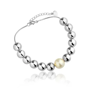 01 pulseira de esferas com perola central banhada a rodio